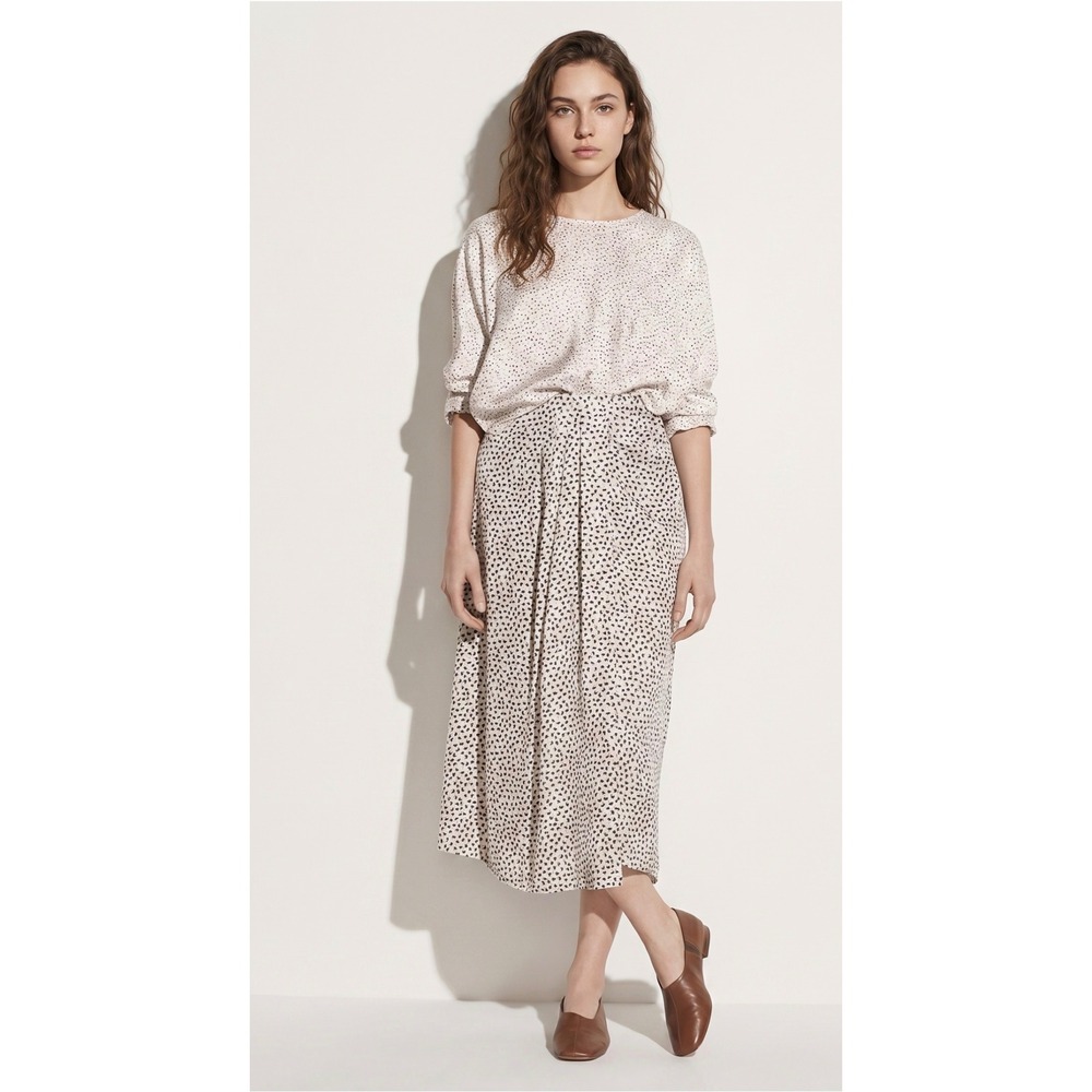 Vince Star Dot Drape Skirt Silk Blend Midi Chiffon Beige Black Quiet Luxury Sz 2